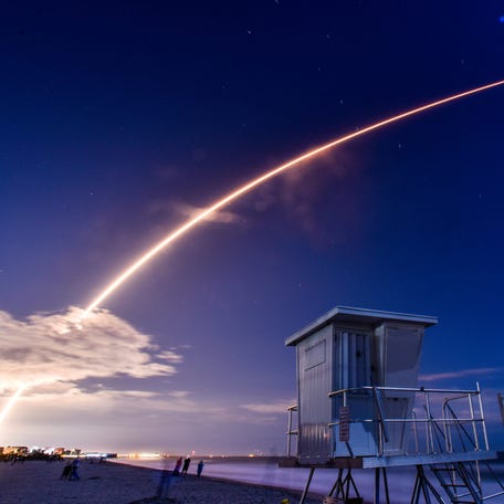 March 23, 2024 : A SpaceX Falcon 9 rocket launched the company's latest batch of Starlink internet satellites from Launch Pad 39A at Kennedy Space Center on its 6-42 Mission. The rocket launched at 11:09 p.m.