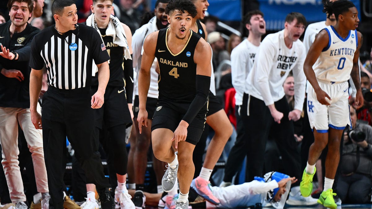 Oakland forward Trey Townsend reacts during the second half of his team's upset of Kentucky during the first round of the NCAA men's tournament at PPG Paints Arena on March 21, 2024 in Pittsburgh.