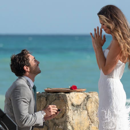 Joey Graziadei (left) proposes to Kelsey Anderson in "The Bachelor" Season 28 finale, airing March 25, 2024.