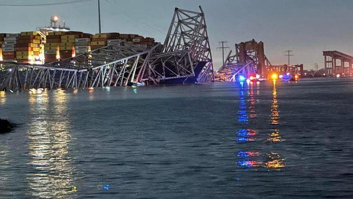 A view of the Singapore-flagged container ship 'Dali' after it collided with a pillar of the Francis Scott Key Bridge in Baltimore, Maryland, U.S., in this picture released on March 26, 2024.