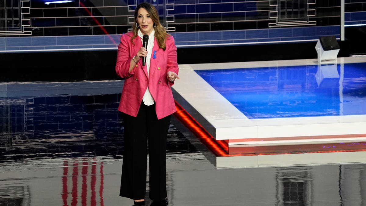 Republican National Committee Chair Ronna McDaniel begins the presidential primary debate hosted by NBC News on Nov. 8, 2023, in Miami.