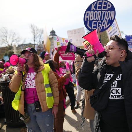 Protesters rally outside the U.S. Supreme Court on March 26, 2024, as justices hear oral arguments over access to mifepristone, a drug used in medication abortions.