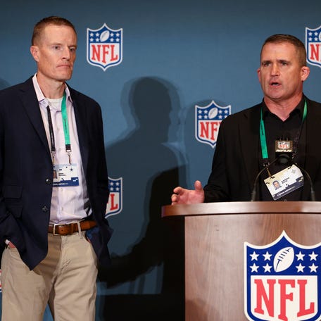 Mar 26, 2024; Orlando, FL, USA; New Orleans Saints special teams coordinator Darren Rizzi speaks to the media about rule changes during the NFL annual league meetings at the JW Marriott. Mandatory Credit: Nathan Ray Seebeck-USA TODAY Sports