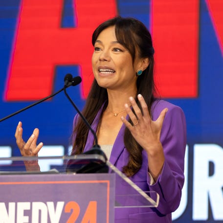 Nicole Shanahan speaks during a rally after being announced as the Vice Presidential candidate for Presidential candidate Robert F. Kennedy announces his Vice President at the Henry J. Kaiser Center for the Arts in Oakland, Calif. on Tuesday Mar 26, 2024 in Oakland, California.