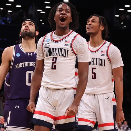 Connecticut guard Tristen Newton (2) reacts during his team's second game against Northwestern in the second round of the 2024 NCAA men's tournament at the Barclays Center.