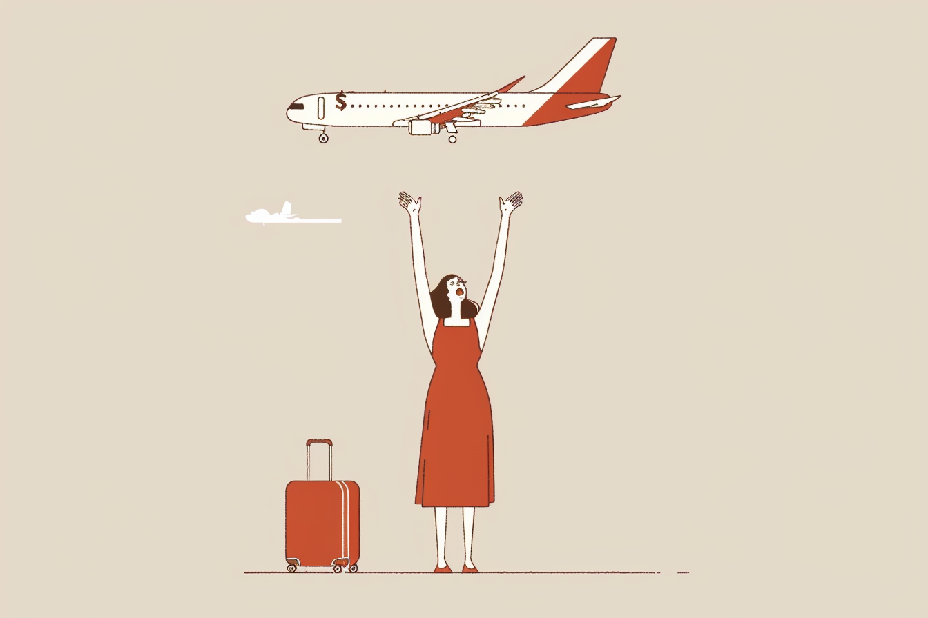 Illustration of woman holding both arms in the air with a plane above her.