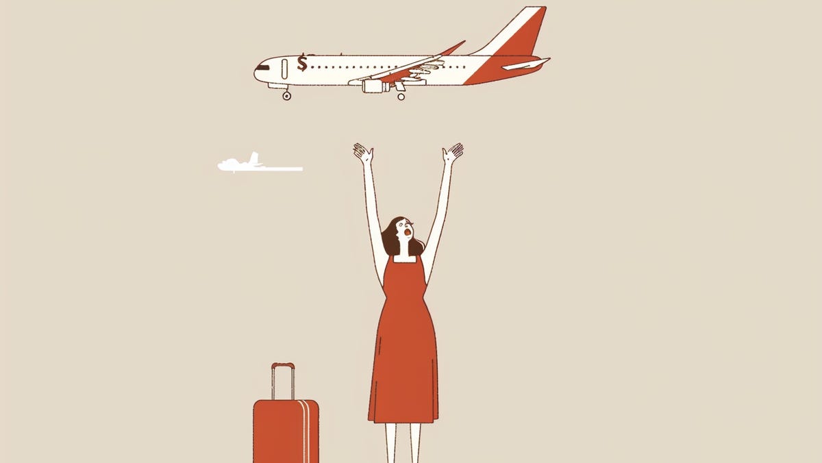 Illustration of woman holding both arms in the air with a plane above her.