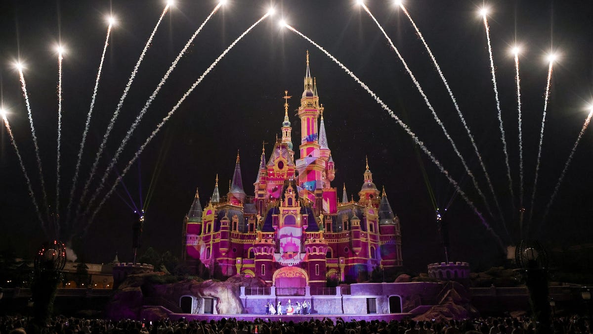 Fireworks explode over the Shanghai Disney Resort during the 5th anniversary celebration on June 15, 2021 in Shanghai, China.