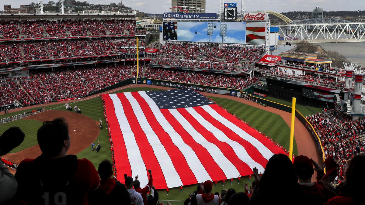 A view during the national anthem before the game between the Washington Nationals and the Cincinnati Reds at Great American Ball Park.