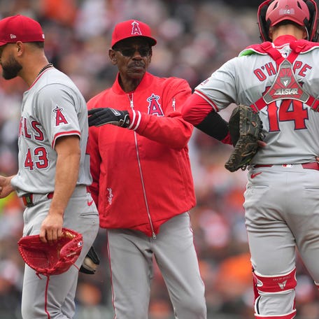 Angels manager Ron Washington removes opening day starter Patrick Sandoval in the second inning.