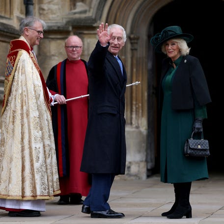 Britain's King Charles III (2nd R) and Britain's Queen Camilla (R) arrive at St. George's Chapel, Windsor Castle, to attend the Easter Mattins Service, on March 31, 2024. (Photo by Hollie Adams / POOL / AFP) (Photo by HOLLIE ADAMS/POOL/AFP via Getty Images) ORIG FILE ID: 2121040223