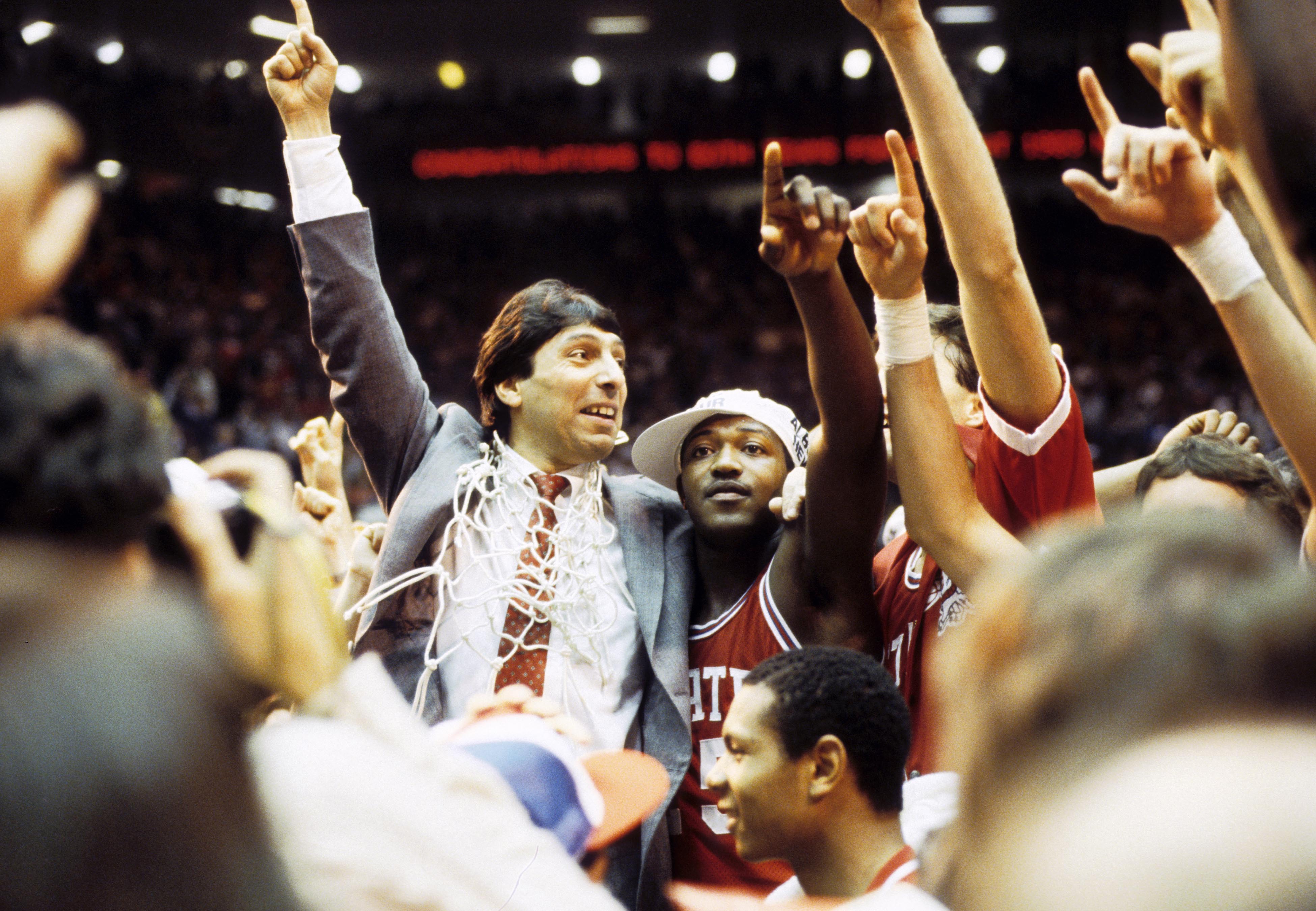 North Carolina State coach Jim Valvano celebrates after his team's defeat of Houston in the national title game of the 1983 Final Four in Albuquerque.