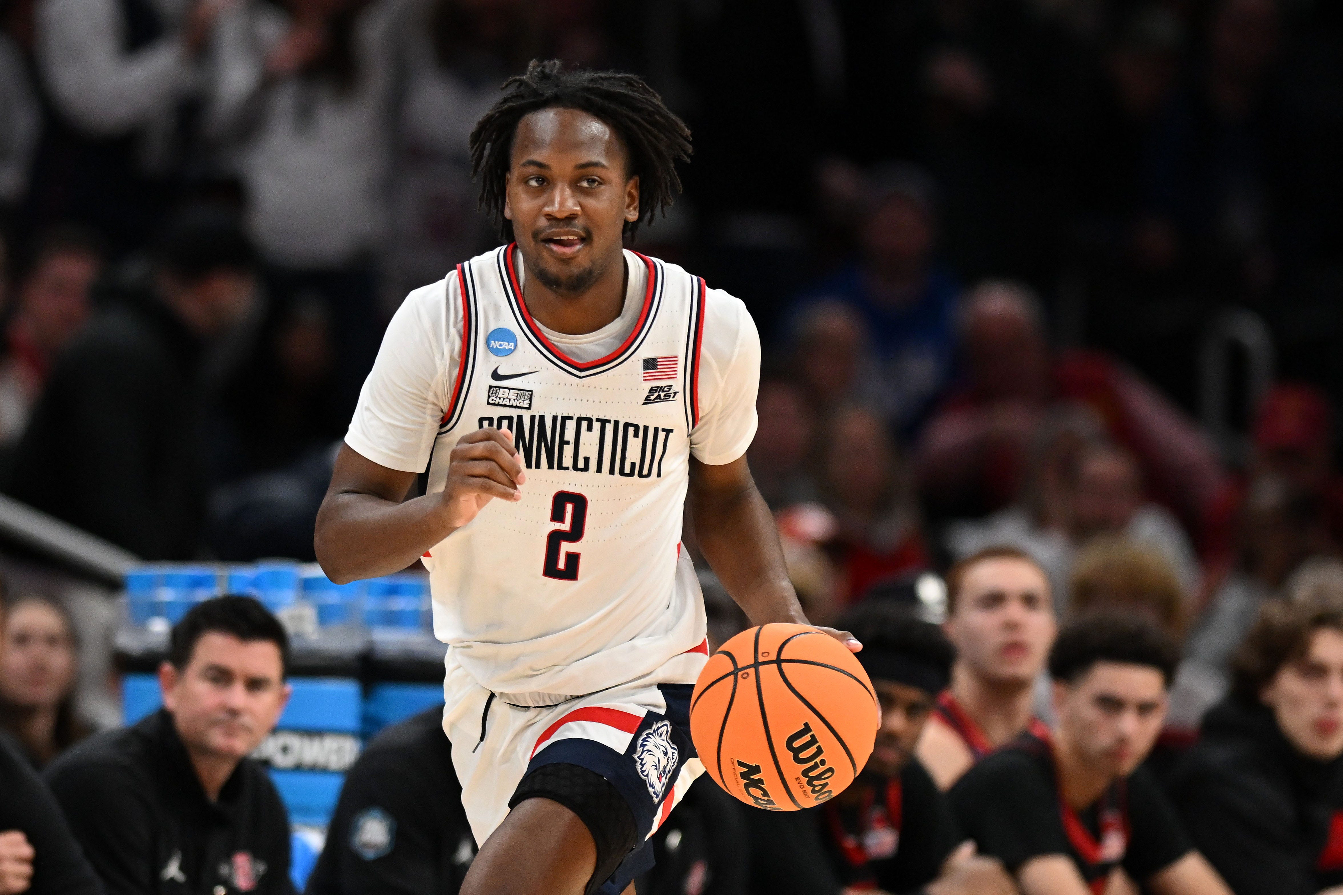 Connecticut guard Tristen Newton (2) dribbles the ball against the San Diego State Aztecs in the 2024 men's NCAA Tournament at TD Garden.
