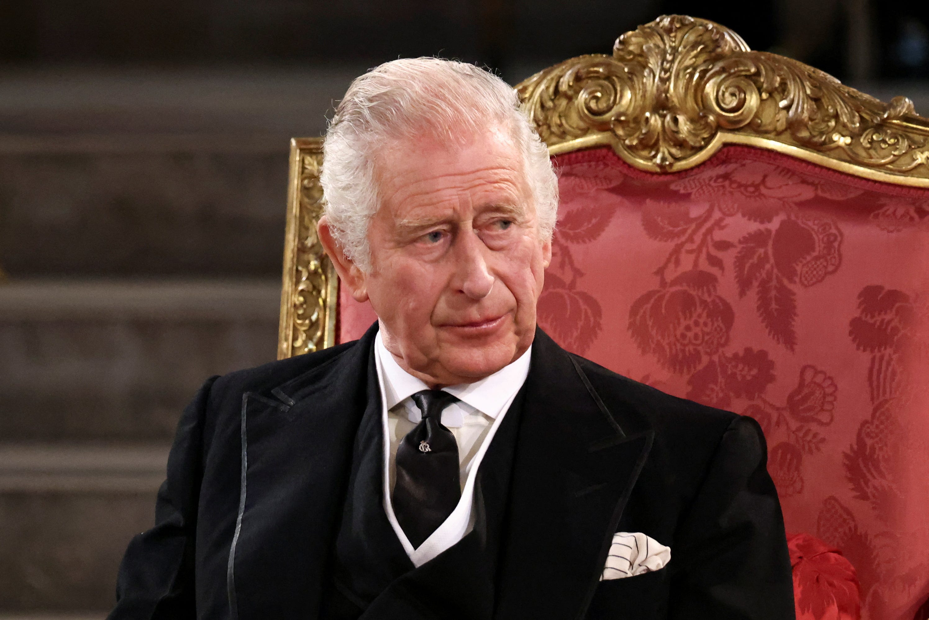 King Charles III looks on during the presentation of addresses by both Houses of Parliament in Westminster Hall, inside the Palace of Westminster, on Sept.12, 2022 in London, England.