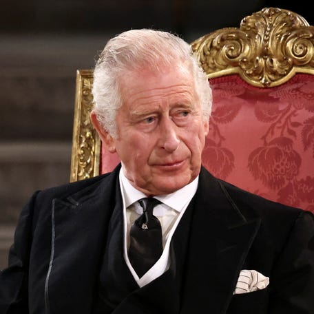 King Charles III looks on during the presentation of addresses by both Houses of Parliament in Westminster Hall, inside the Palace of Westminster, on Sept.12, 2022 in London, England.