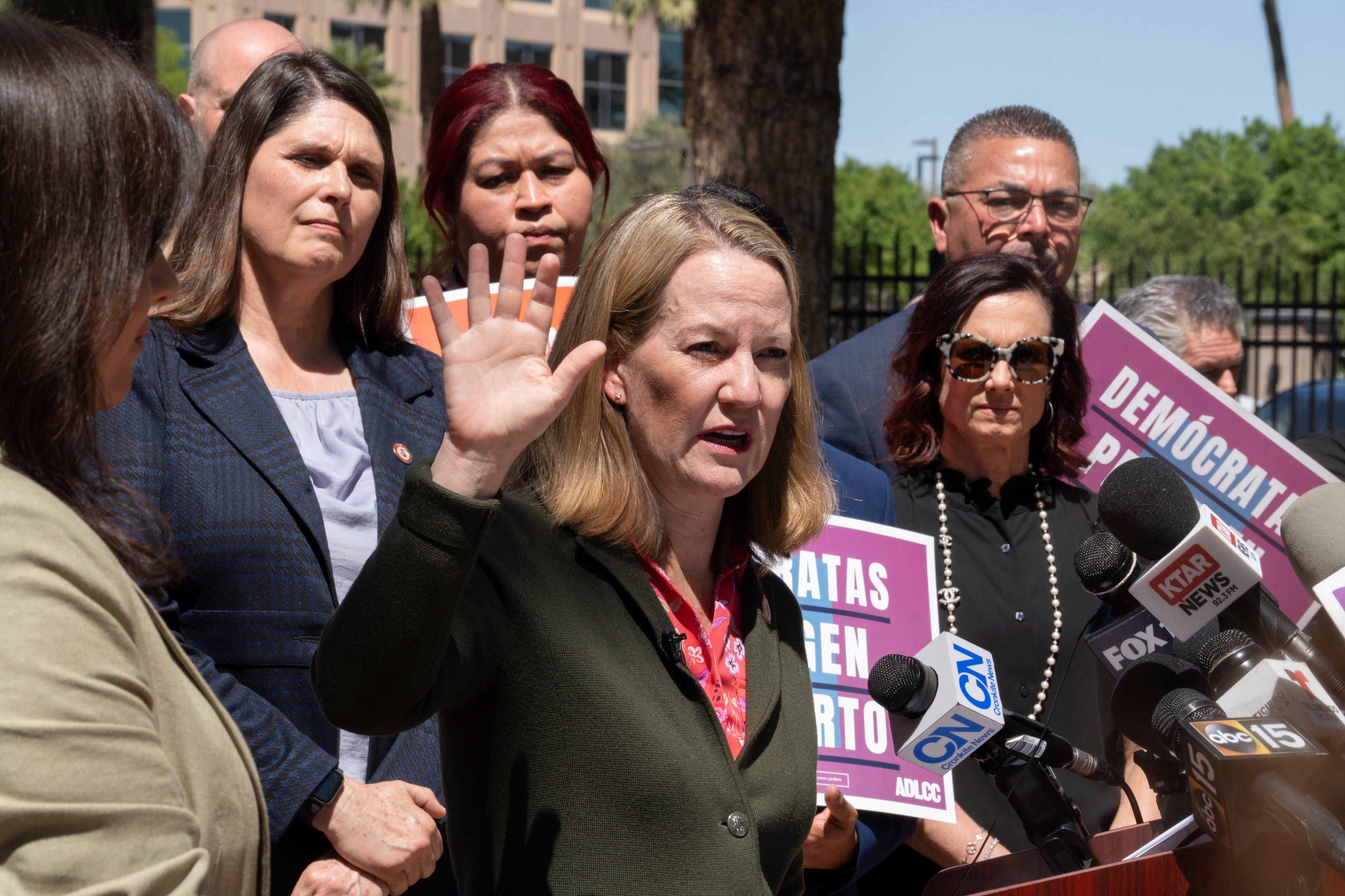 Attorney General Kris Mayes answers questions during a news conference on the Arizona Supreme Court abortion law ruling at the Arizona State Capitol in Phoenix on April 9, 2024.