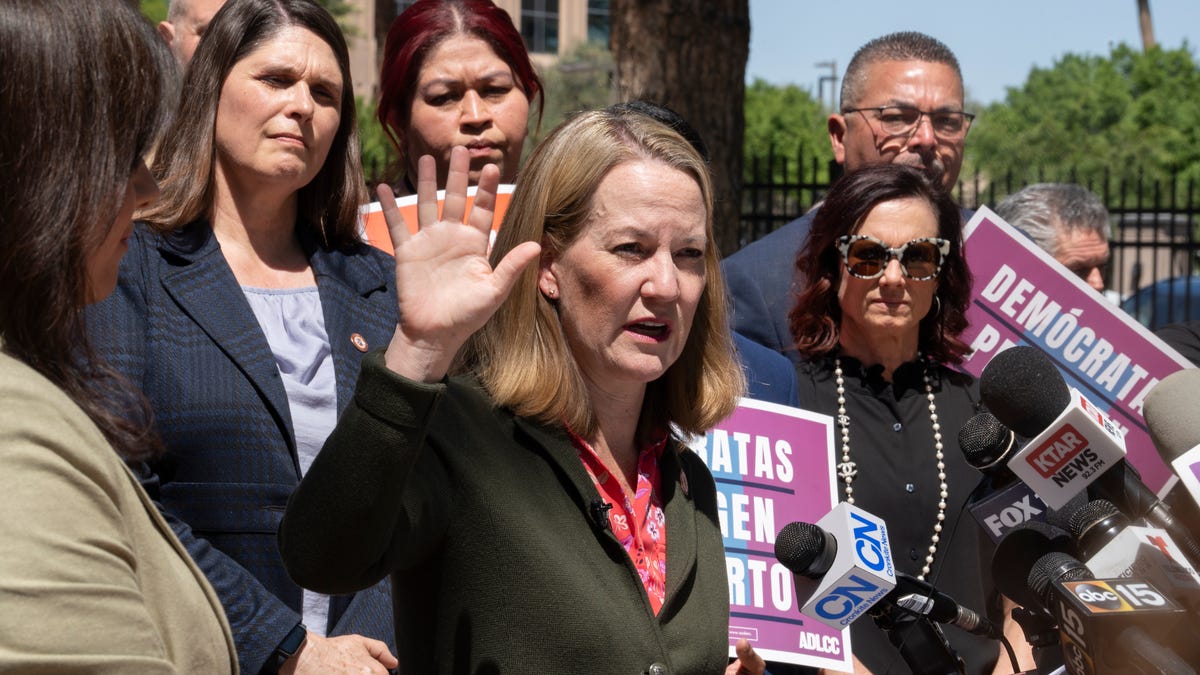 Attorney General Kris Mayes answers questions during a news conference on the Arizona Supreme Court abortion law ruling at the Arizona State Capitol in Phoenix on April 9, 2024.