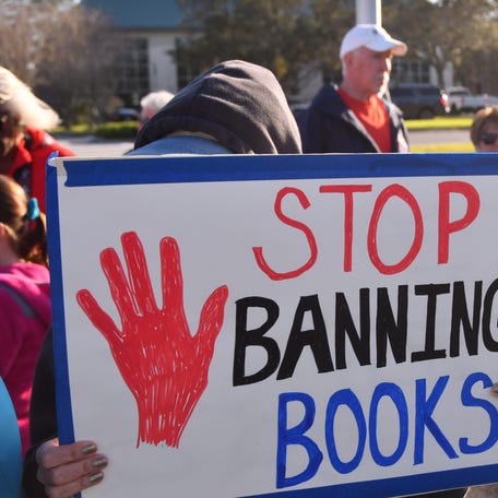 A rally against book banning organized by Brevard Students for Change.