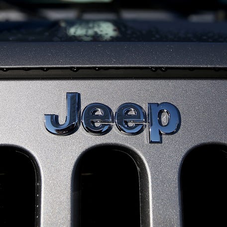 The Jeep logo is visible on a brand new Jeep at Chrysler Jeep Dodge Ram Marin on February 3, 2014 in Corte Madera, California.
