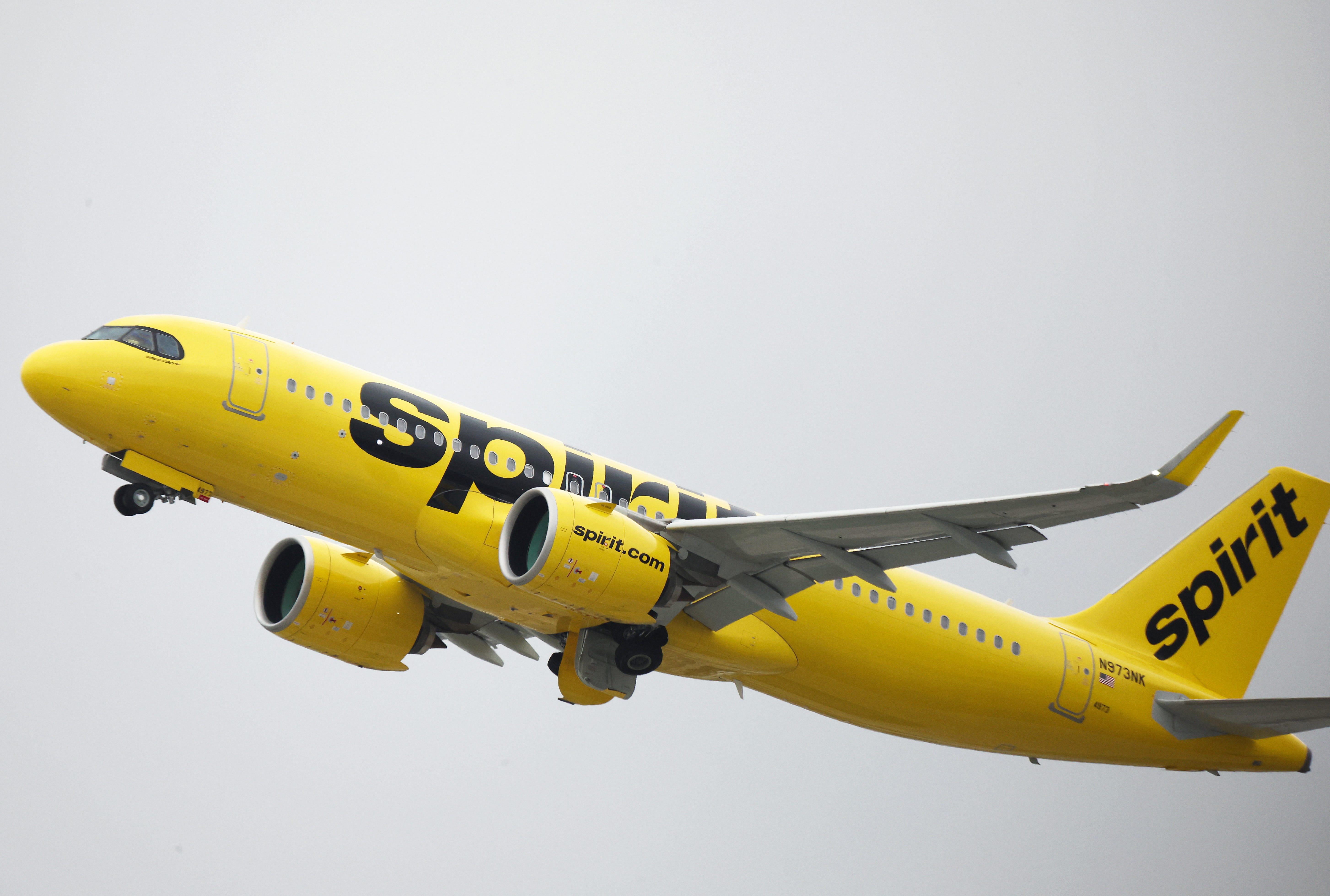 LOS ANGELES, CALIFORNIA - JUNE 01: A Spirit Airlines plane takes off at Los Angeles International Airport (LAX) on June 1, 2023 in Los Angeles, California. Over 40 percent of Spirit Airlines flights around the country were delayed today following a technical issue with its app, website and airport kiosks. (Photo by Mario Tama/Getty Images)