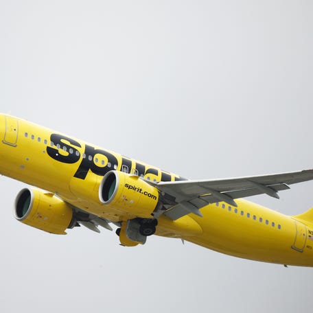 A Spirit Airlines plane takes off at Los Angeles International Airport (LAX) on June 1, 2023, in Los Angeles, California. Spirit Airlines is the only regularly-scheduled airline that flies out of the Atlantic City Airport.