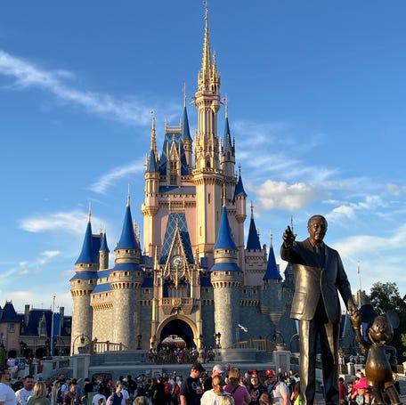 Walt Disney and Mickey Mouse appear to survey Magic Kingdom in the iconic Partners statue at Walt Disney World.