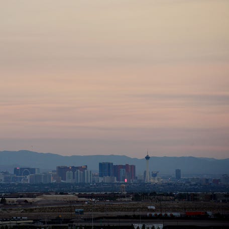 General view of the Las Vegas skyline at dusk during the South Point 400 at Las Vegas Motor Speedway.