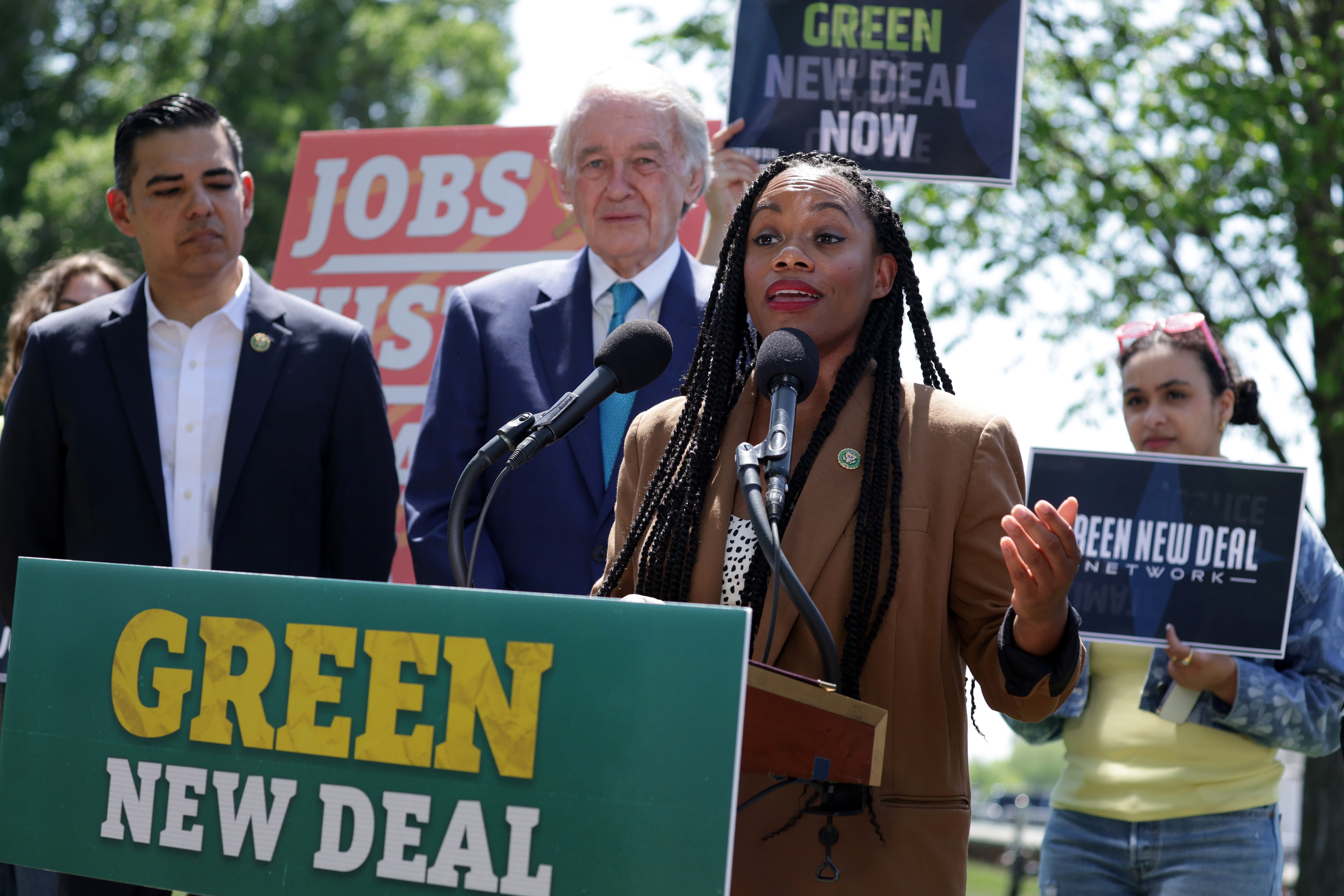 U.S. Rep. Summer Lee (D-PA) (2nd R) speaks as Sen. Ed Markey (D-MA) and other participants listen during a news conference on the Green New Deal in front of the U.S. Capitol on April 20, 2023, in Washington, DC. The lawmakers held a news conference to reintroduce the "Green New Deal Resolution," which was first introduced on April 20, 2021, as a non-binding resolution titled, "Recognizing the duty of the Federal Government to create a Green   New Deal."