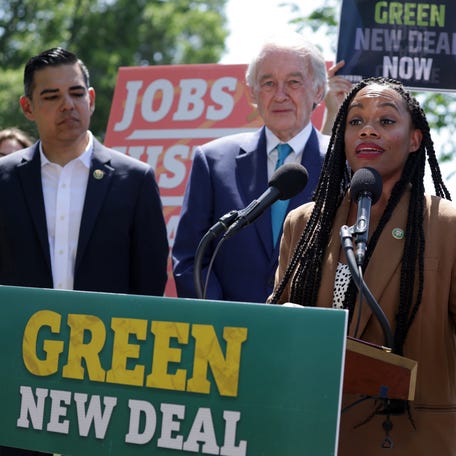 U.S. Rep. Summer Lee (D-PA) (2nd R) speaks as Sen. Ed Markey (D-MA) and other participants listen during a news conference on the Green New Deal in front of the U.S. Capitol on April 20, 2023, in Washington, DC. The lawmakers held a news conference to reintroduce the "Green New Deal Resolution," which was first introduced on April 20, 2021, as a non-binding resolution titled, "Recognizing the duty of the Federal Government to create a Green   New Deal."