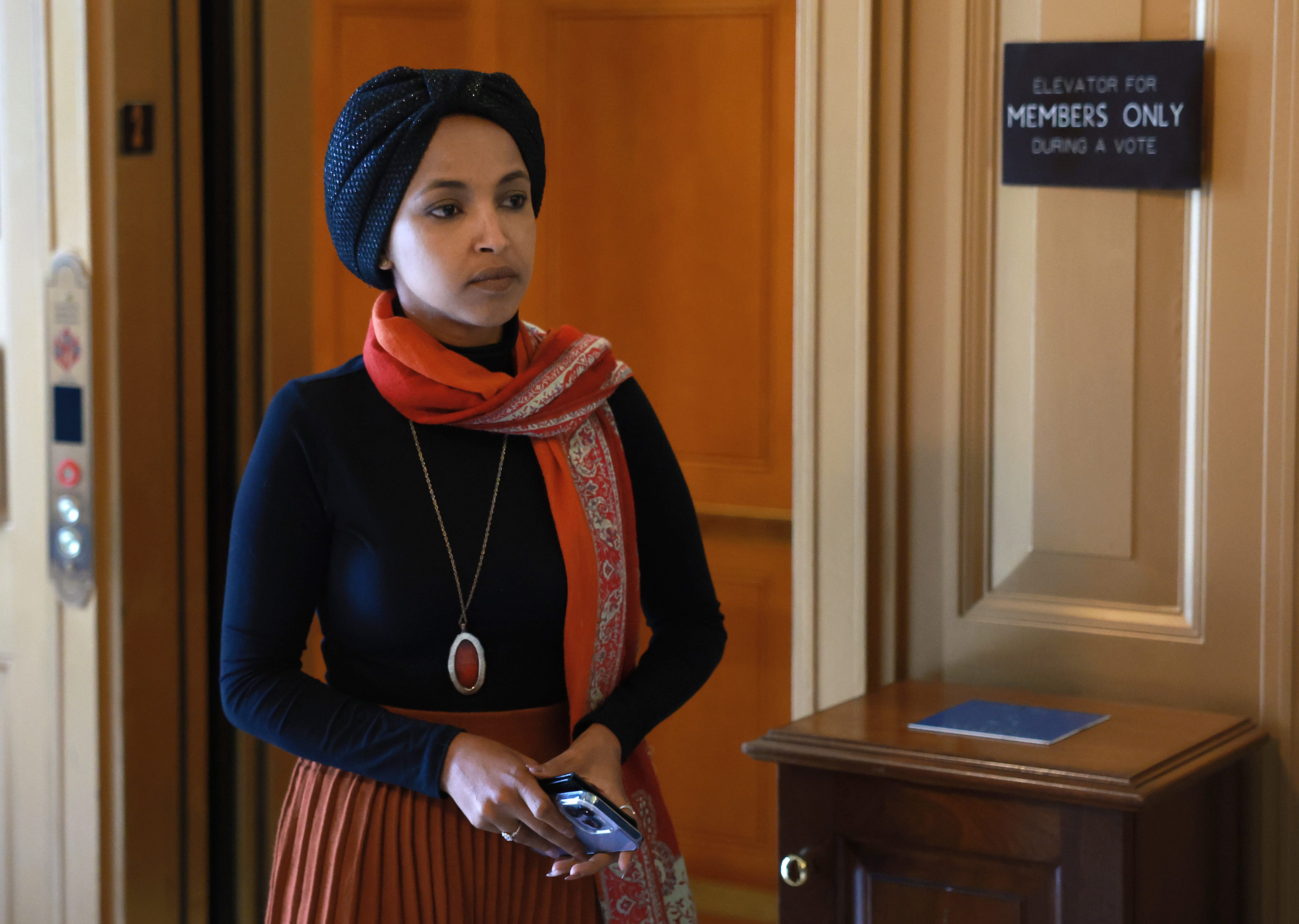 U.S. Rep. Ilhan Omar (D-MN) walks to the House chambers ahead of today's planned vote for Speaker of the House in the House of Representatives at the U.S. Capitol on Oct. 17, 2023, in Washington, DC. The House has been without an elected leader since Rep. Kevin McCarthy (R-CA) was ousted from the speakership on October 4 in a move led by a small group of conservative members of his own party.