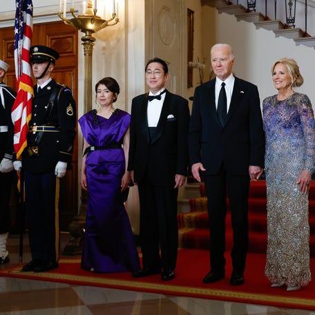 President Joe Biden and first lady Jill Biden welcome Japanese Prime Minister Fumio Kishida and his wife Yuko Kishida to the White House for a state dinner on April 10, 2024 in Washington, DC.