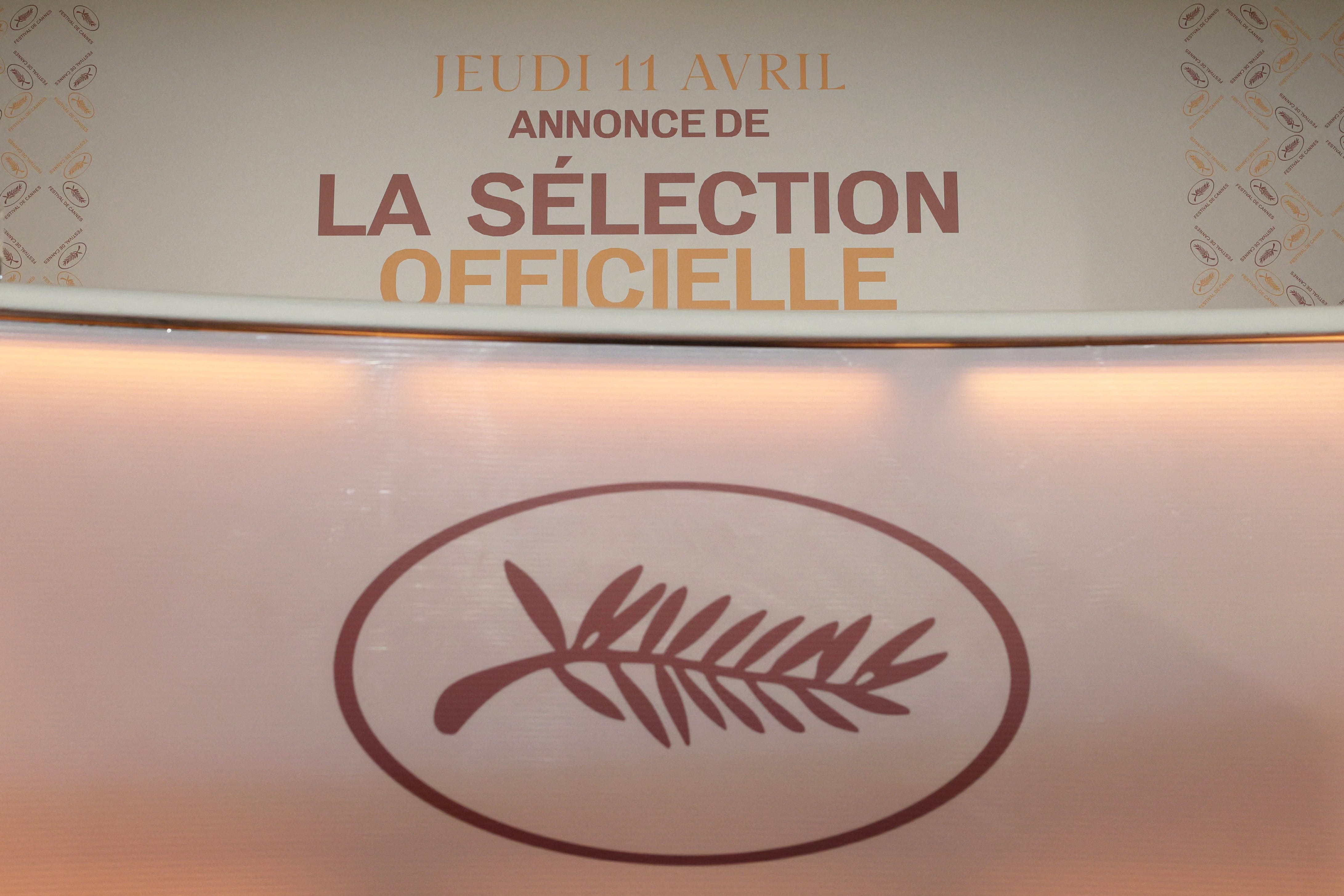 A photo shows the festival logo on the set ahead a press conference to announce the official selection of the 77th edition of the Cannes Film Festival, at the UGC Normandie cinema in Paris, on April 13, 2024. The 77th edition of the Cannes Film Festival runs from May 14 to 25, 2024. (Photo by Alain JOCARD / AFP) (Photo by ALAIN JOCARD/AFP via Getty Images) ORIG FILE ID: 2147047186