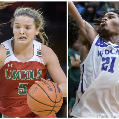 Lincoln's Kloe Froebe, left, and Harvey Thornton's Morez Johnson, right, were named 20204 Ms. and Mr. Basketball of Illinois.
