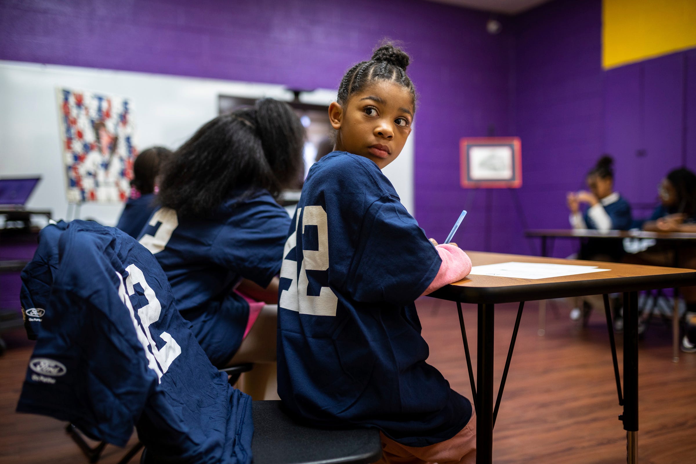 Brooklyn Johnson writes down notes during a class led by Sam Abrams inside the Tindal Activity Center in Detroit on Wednesday, April 10, 2024.