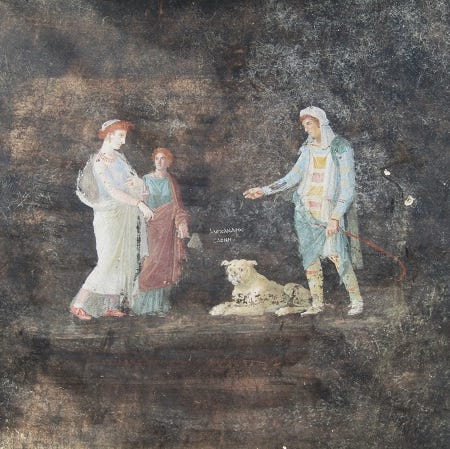 A painting of Paris and Helen of Troy recently recovered in Pompeii in a long lost dining room.