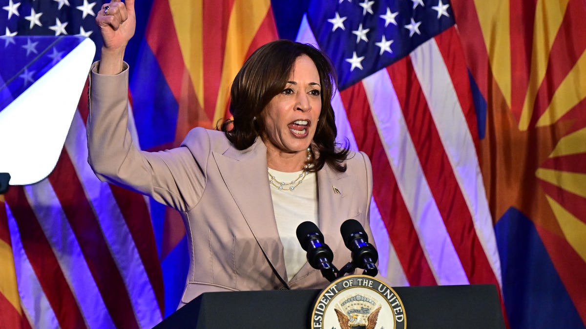 Vice President Kamala Harris speaks on reproductive freedom at El Rio Neighborhood Center in Tucson, Arizona, on April 12, 2024. The top court in Arizona on April 9, 2024, ruled a 160-year-old near total ban on abortion is enforceable, thrusting the issue to the top of the agenda in a key US presidential election swing state.
