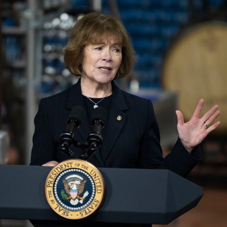 SUPERIOR, WISCONSIN - JANUARY 25: Sen. Tina Smith (D-MN) speaks about funding for the I-535 Blatnik Bridge before a visit by U.S. President Joe Biden at Earth Rider Brewery on January 25, 2024 in Superior, Wisconsin. (Photo by Stephen Maturen/Getty Images)