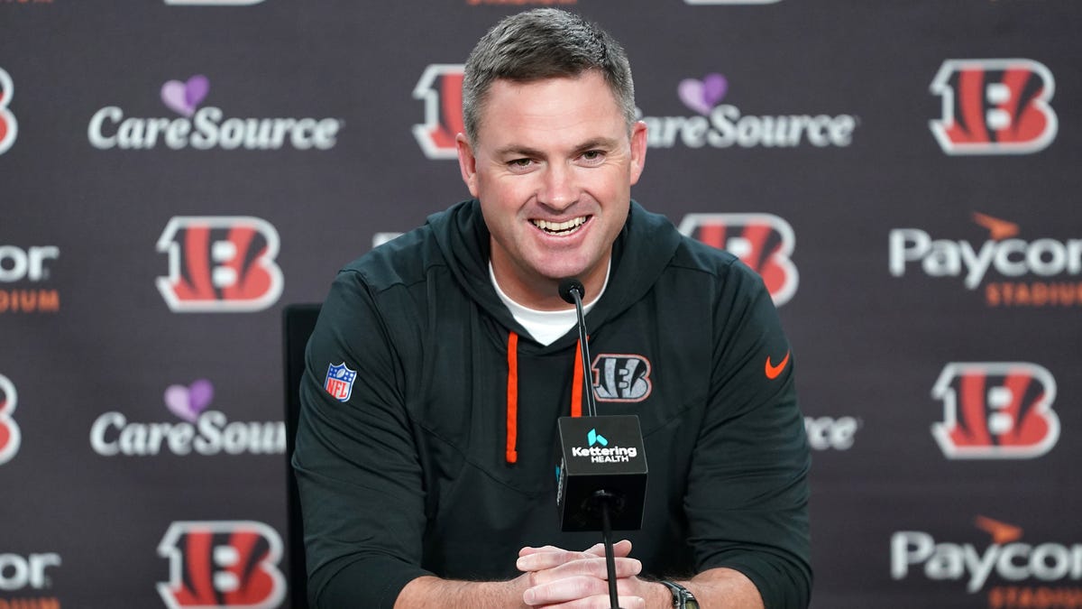 Cincinnati Bengals head coach Zac Taylor takes questions from the press during a news conference, Monday, April 15, 2024, at Paycor Stadium in Cincinnati.