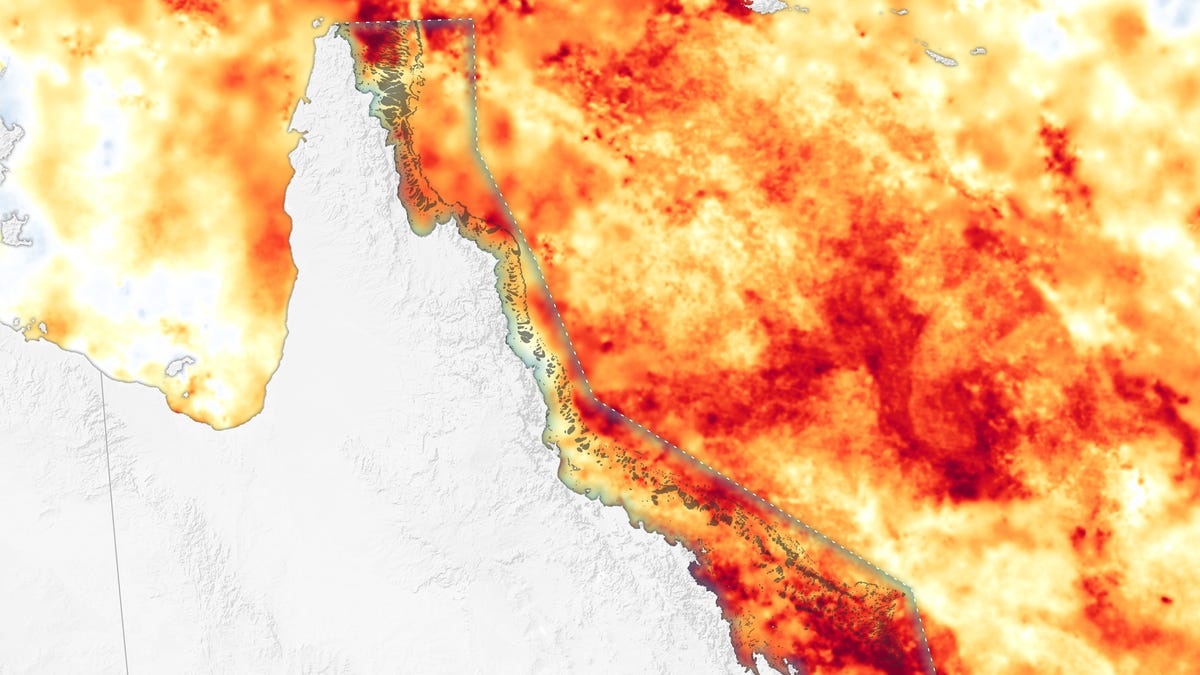 Heat stress on Australia's Great Barrier Reef is seen in this NASA representation of sea surface temperature anomalies in the region March.