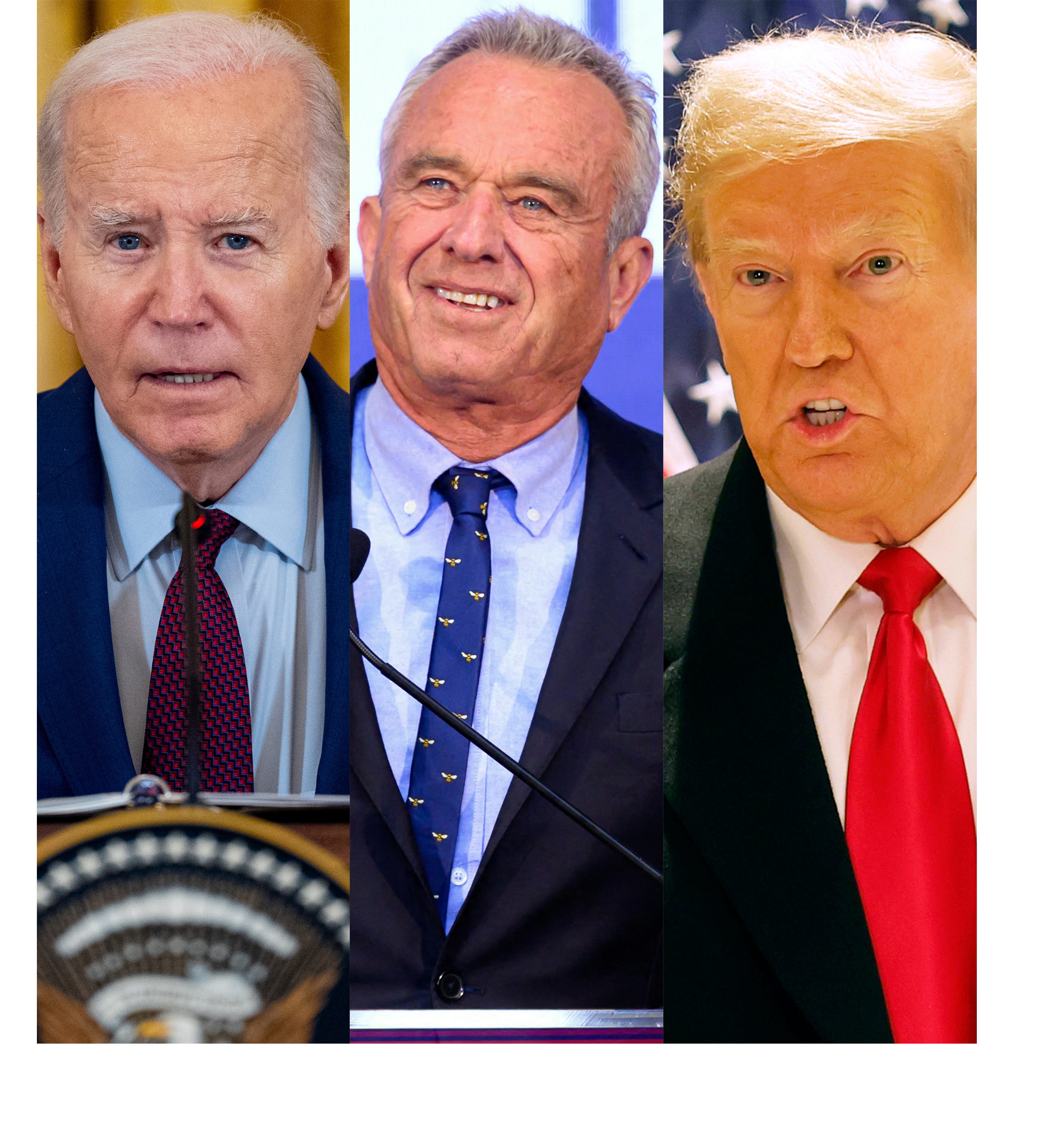 This combination photo show President Joe Biden, Robert F. Kennedy Jr. and Donald Trump speaking at various events.