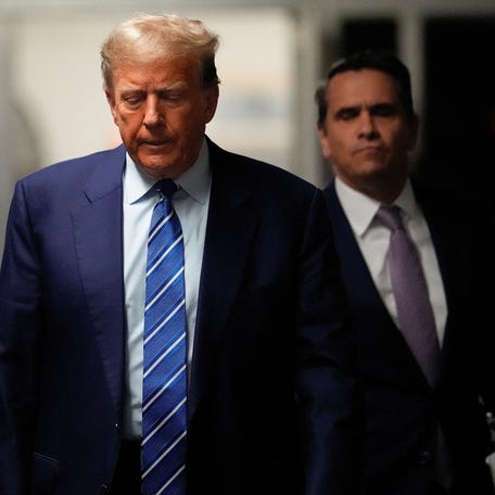 Former President Donald Trump arrives on the second day of his trial at Manhattan Criminal Court, New York City, New York, U.S. April 16, 2024.
