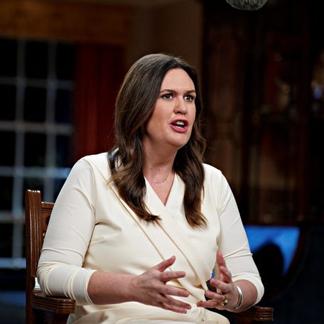 Sarah Huckabee Sanders, governor of Arkansas, speaks while delivering the Republican response to President Biden's State of the Union address in Little Rock, Arkansas, US, on Tuesday, Feb. 7, 2023. Al Drago/Pool via REUTERS