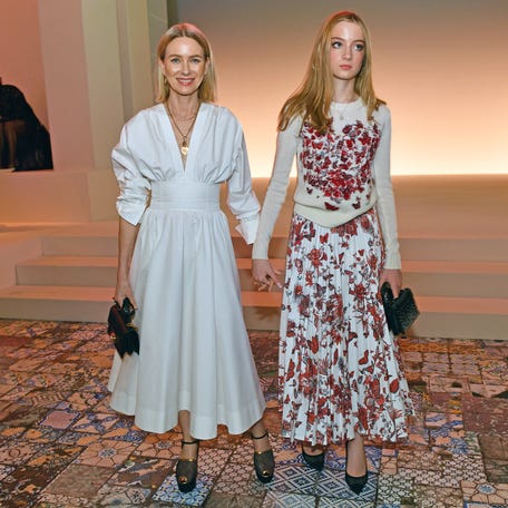 Naomi Watts her child Kai Schreiber attend the Dior pre-fall fashion show at the Brooklyn Museum in Brooklyn, New York, on April 15, 2024.