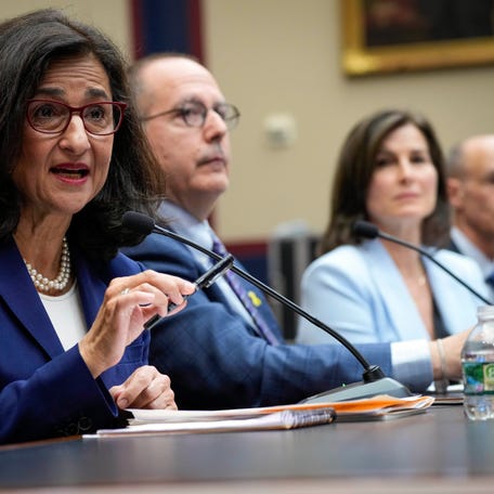 Columbia University administrators and faculty, led by President Minouche Shafik, testify before the House education panel on Wednesday, April 17.