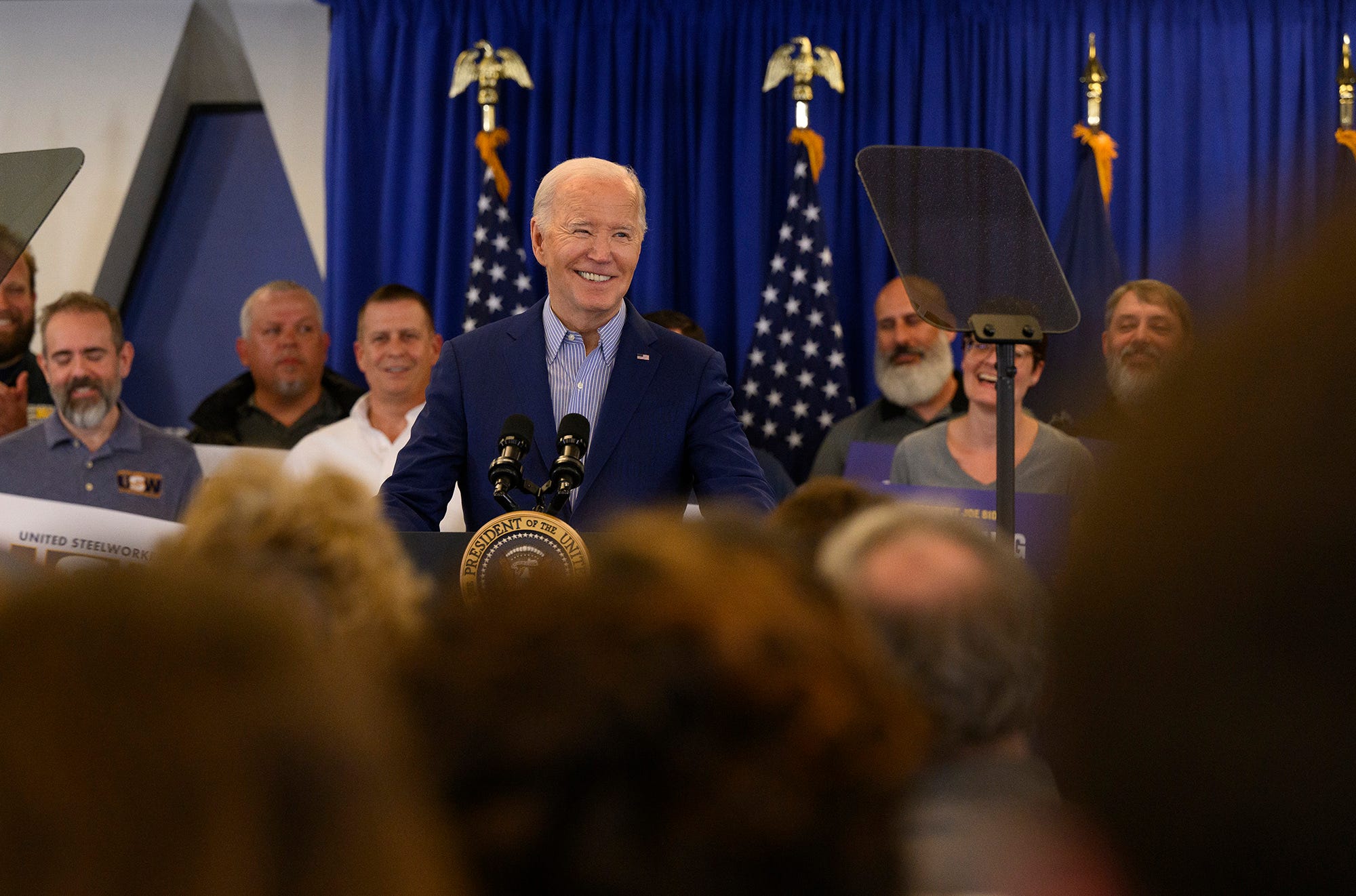 President Joe Biden speaks to members of the United Steel Workers Union at the United Steel Workers Headquarters on April 17, 2024 in Pittsburgh, Pennsylvania. Biden announced new actions to protect American steel and shipbuilding industries including hiking tariffs on Chinese steel.