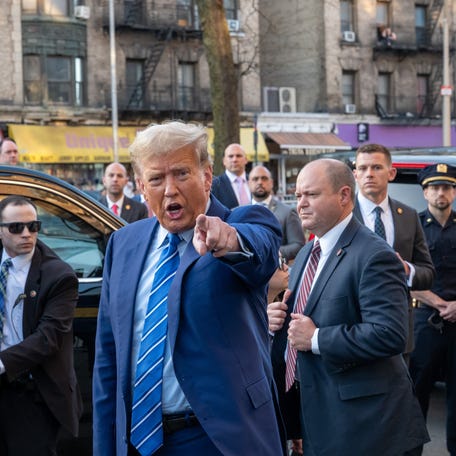 Former President Donald Trump visits a bodega in the Harlem neighborhood of upper Manhattan where a worker killed a man who had assaulted him in 2022, on April 16, 2024 in New York City. The worker, Jose Alba, was arrested, but the Manhattan district attorney dropped the charges for lack of evidence. Trump visited the bodega after spending a second day in court where he faces 34 felony counts of falsifying business records in the first of his criminal cases to go   to trial.