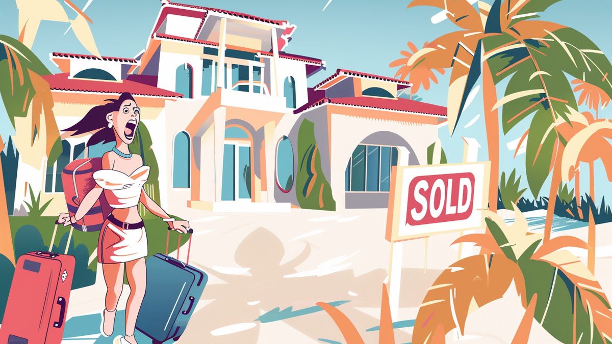 Illustration of a shocked woman in front of a vacation home with a "SOLD" sign.