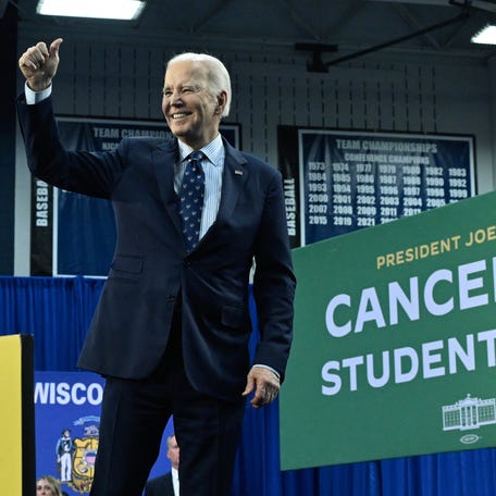 President Joe Biden campaigns on student loan debt relief in Madison, Wisconsin, on April 8, 2024.