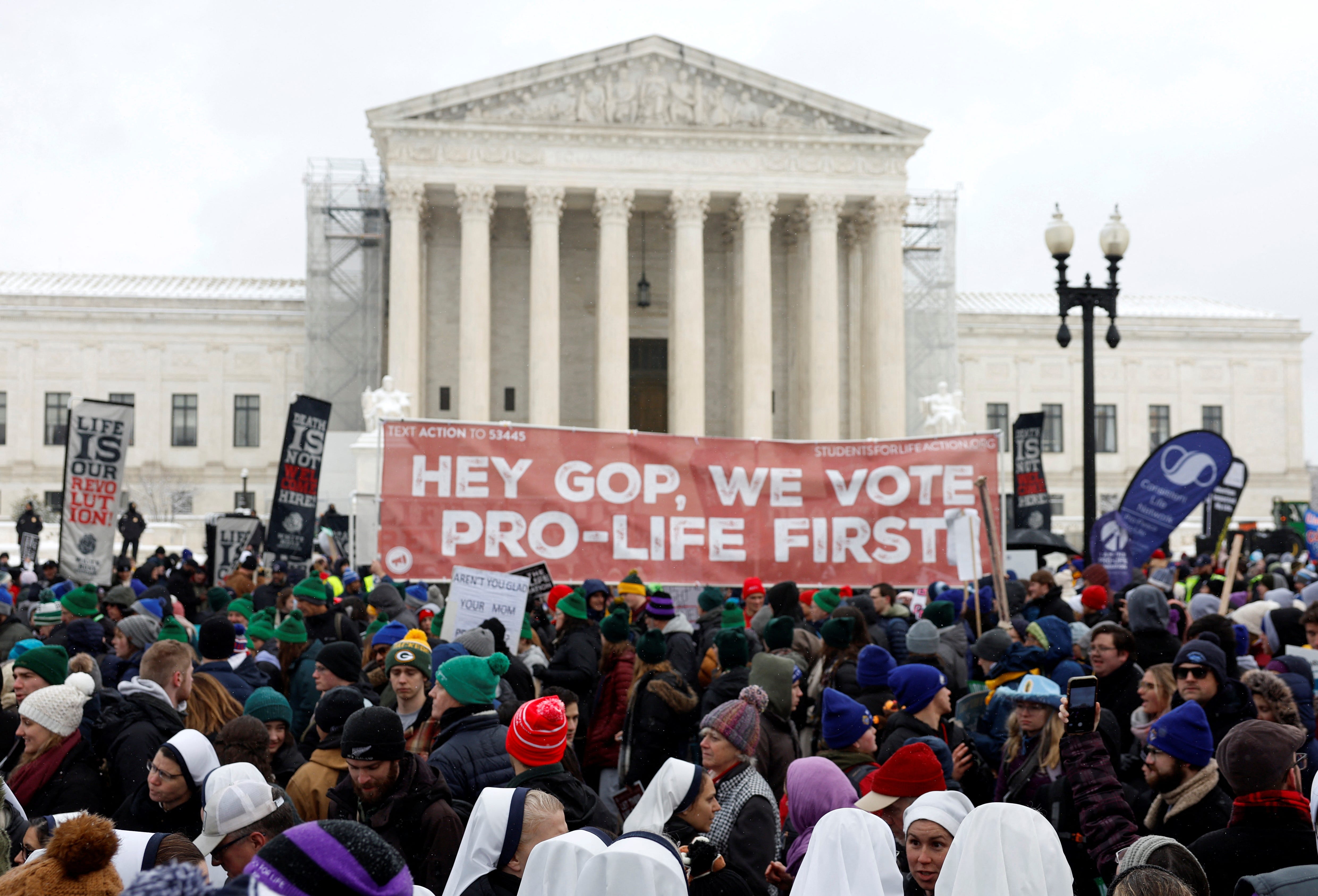 Anti-abortion demonstrators participate in the annual "March for Life", the second since the U.S. Supreme Court overturned the landmark Roe v. Wade abortion decision, in Washington, U.S., January 19, 2024. REUTERS/Evelyn Hockstein