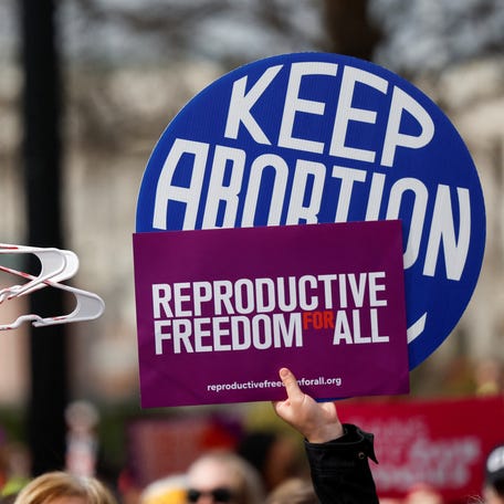 Demonstrators for abortion rights take part in a protest outside the U.S. Supreme Court as justices hear oral arguments in a bid by President Joe Biden's administration to preserve broad access to the abortion pill, in Washington, U.S., March 26, 2024. REUTERS/Evelyn Hockstein